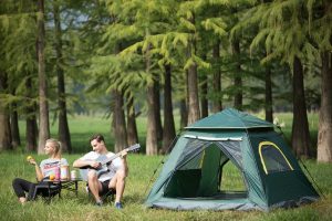 Un terrain de camping niché dans une vallée verdoyante. 